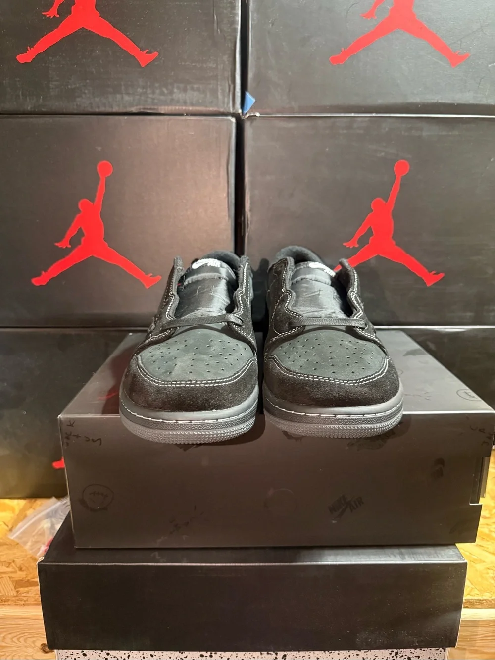 Air Jordan Retro Low Travis Scott Black Phantom Suede Sneakers with Red Accents